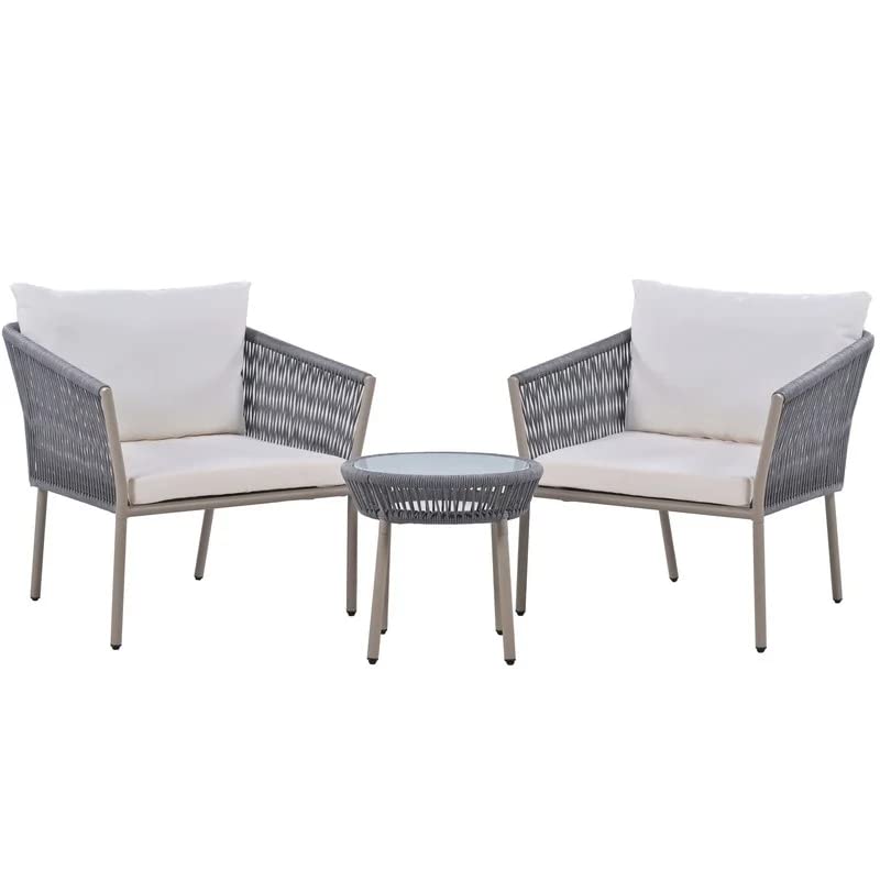 3 Piece Patio Rope Woven Outdoor Furniture Set with 2 Chairs & 1 Table