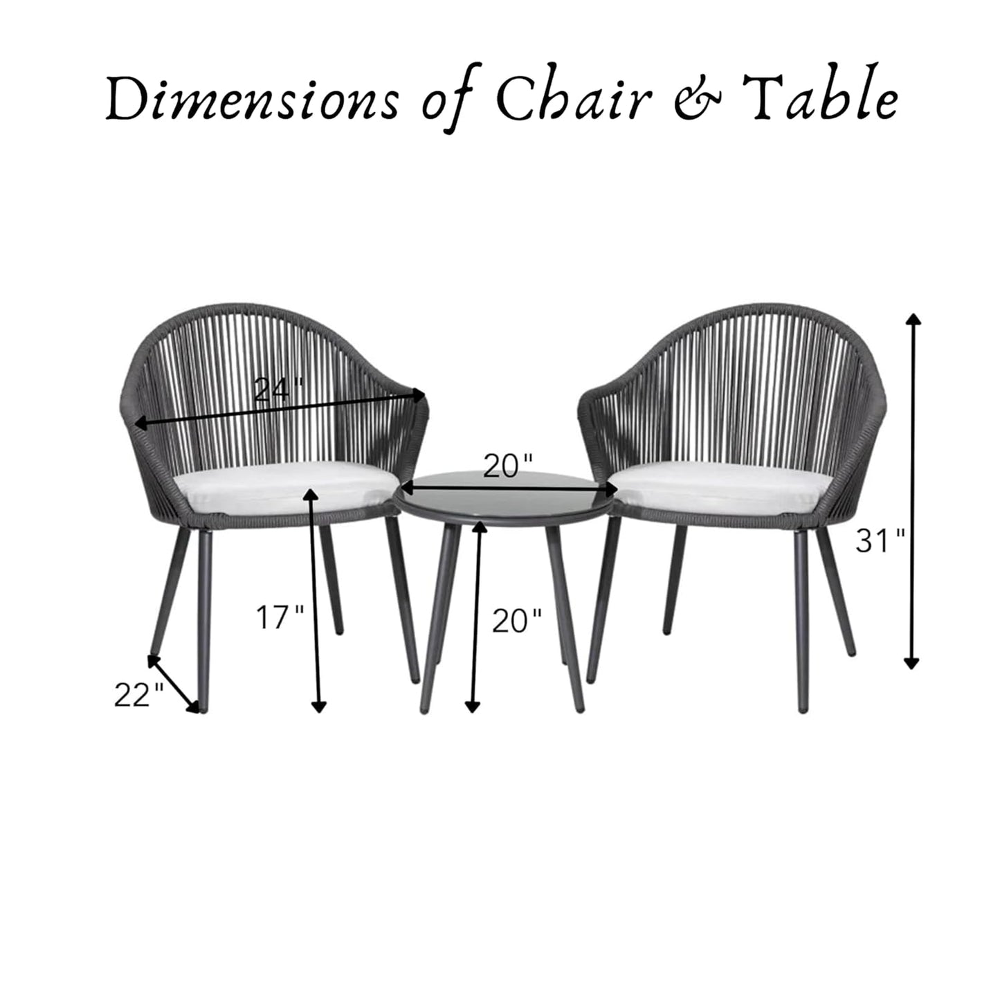 3-Piece Rope Outdoor Furniture Set with 2 Chairs & 1 Table