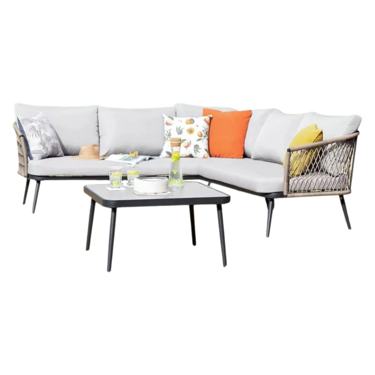 L-Shape 5 Seater Outdoor Rope Sofa Set with Glass Top Table
