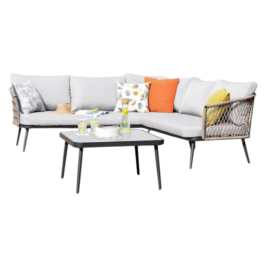 L-Shape 5 Seater Outdoor Rope Sofa Set with Glass Top Table