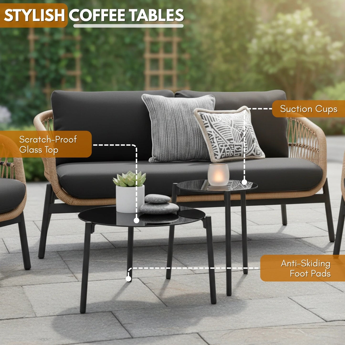 4-Seater Outdoor Rope Sofa Set with Glass Top Table