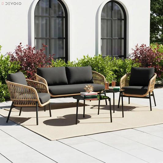 4-Seater Outdoor Rope Sofa Set with Glass Top Table