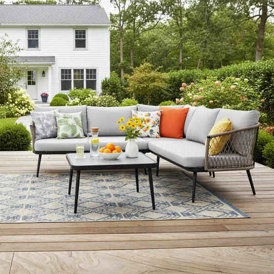 L-Shape 5 Seater Outdoor Rope Sofa Set with Glass Top Table