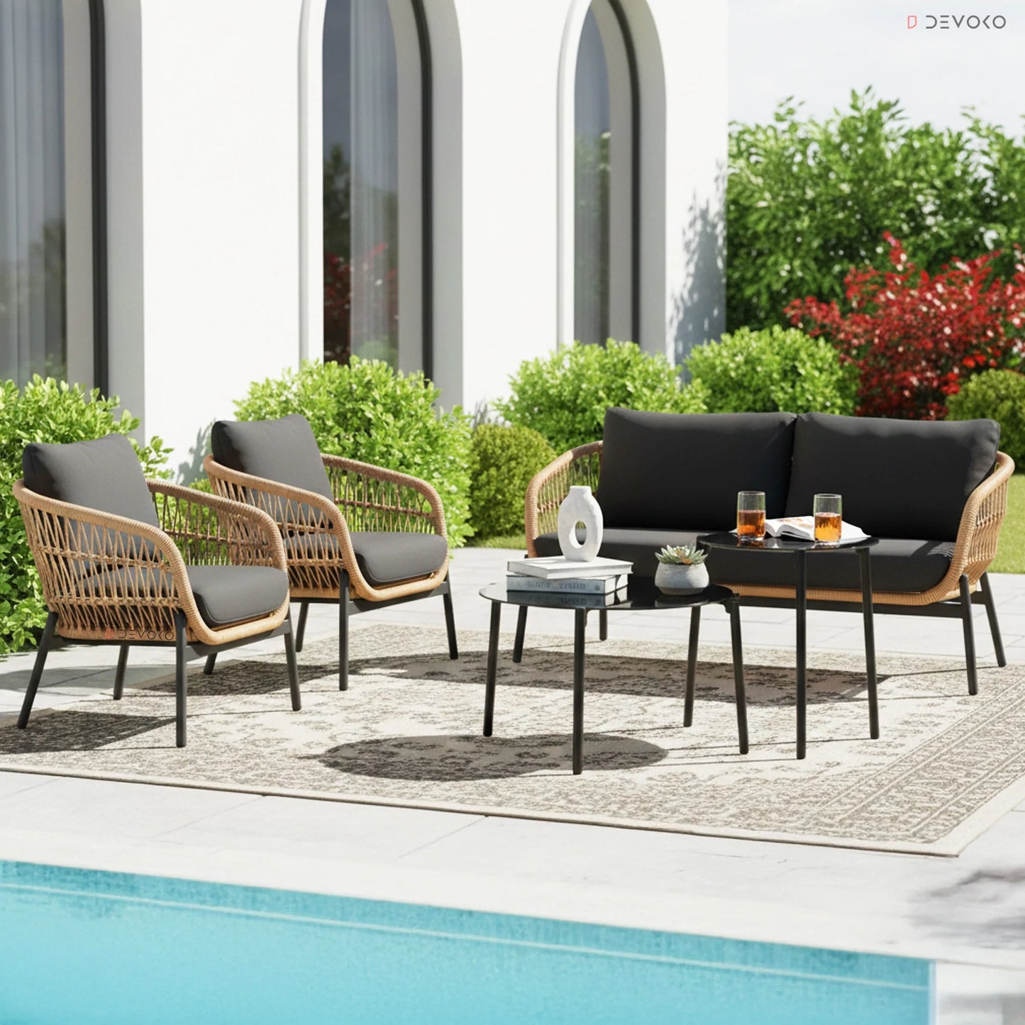 4-Seater Outdoor Rope Sofa Set with Glass Top Table