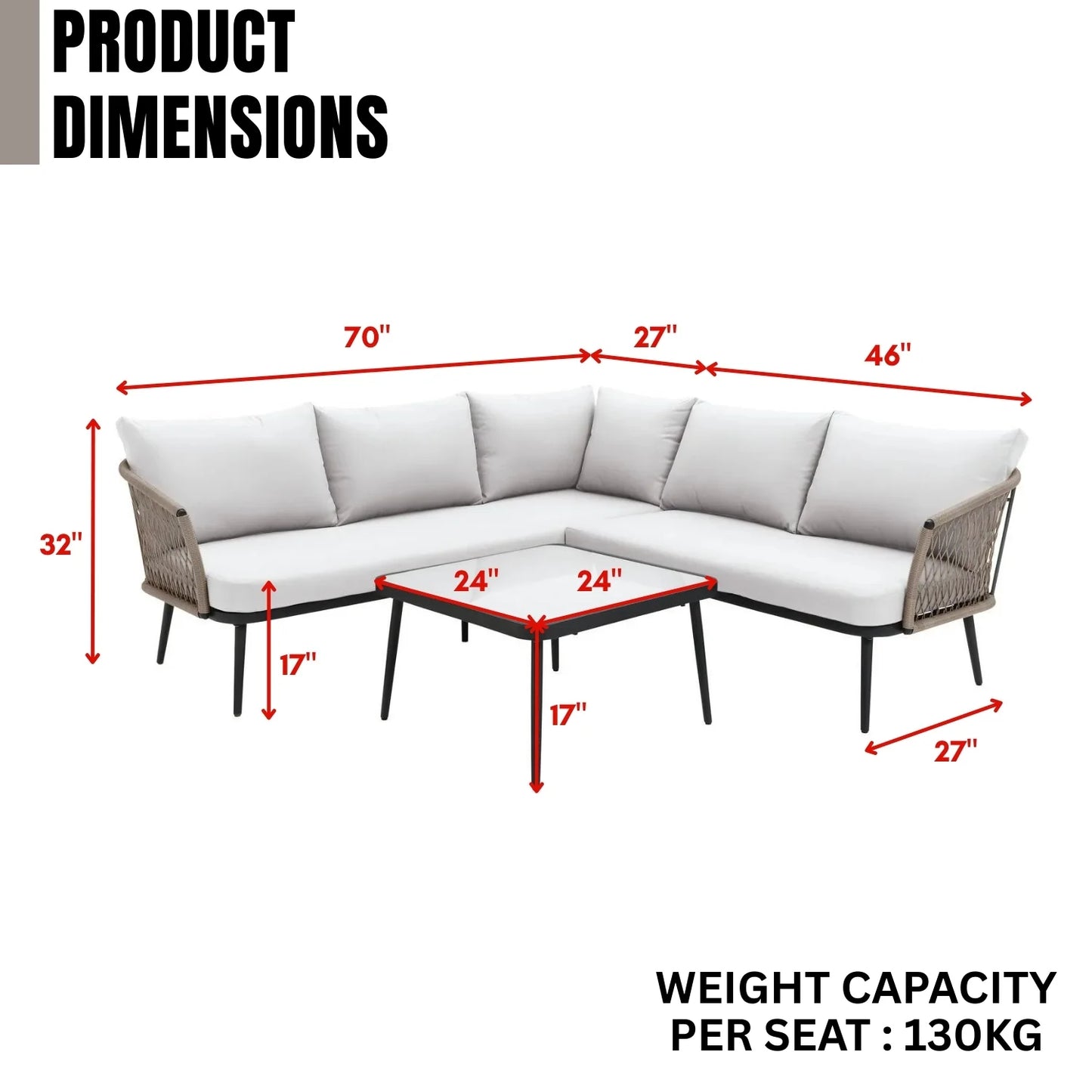 L-Shape 5 Seater Outdoor Rope Sofa Set with Glass Top Table