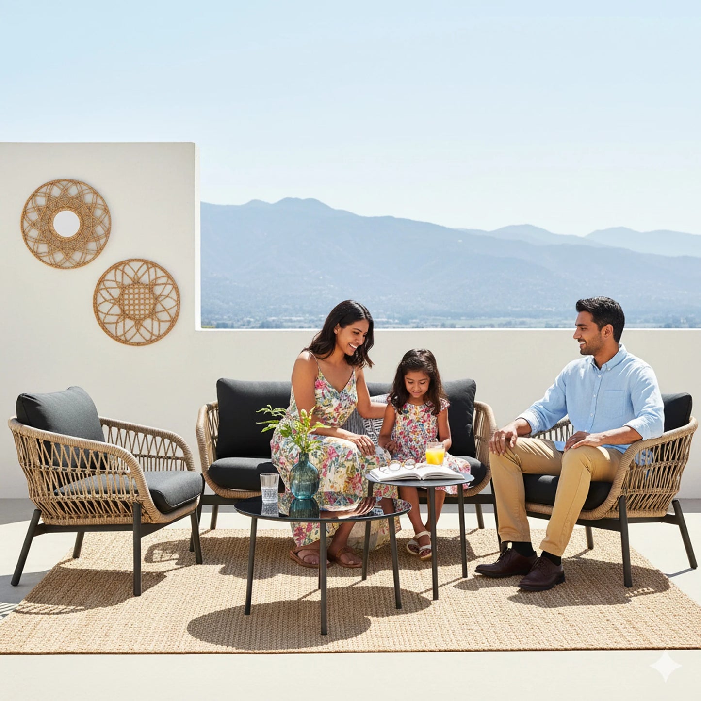 4-Seater Outdoor Rope Sofa Set with Glass Top Table