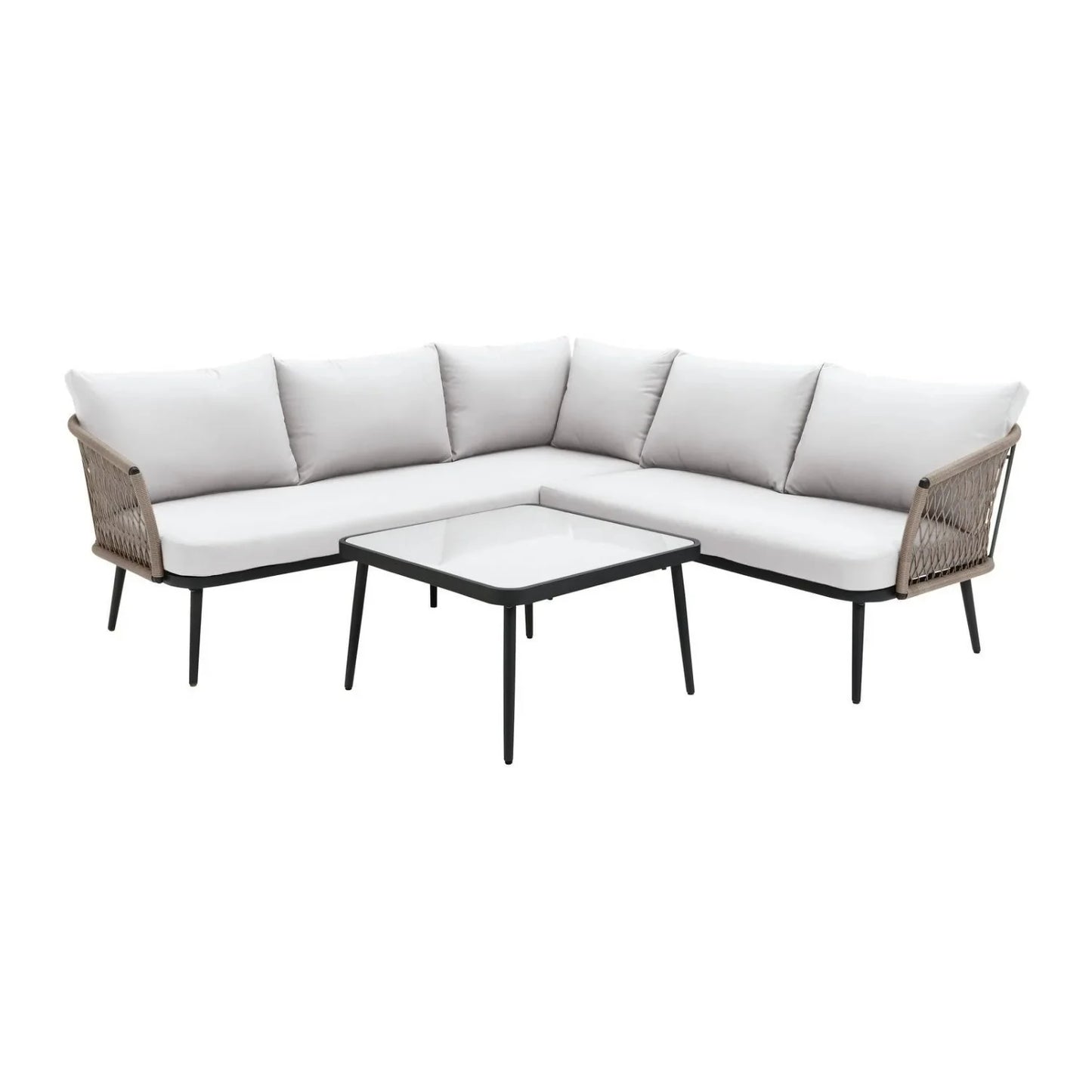 L-Shape 5 Seater Outdoor Rope Sofa Set with Glass Top Table