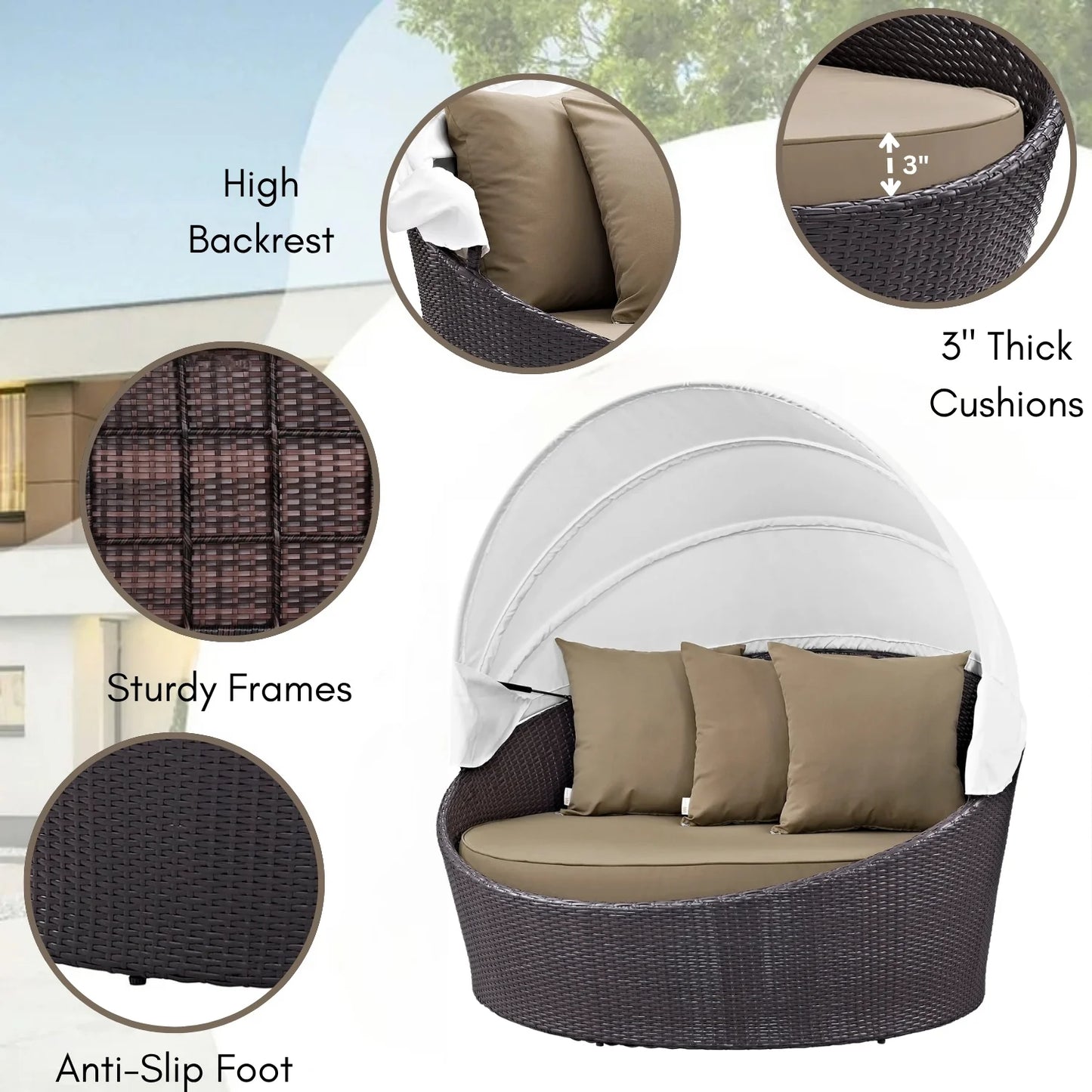 Outdoor Rattan Wicker Daybed with Retractable Canopy — Poolside Lounger