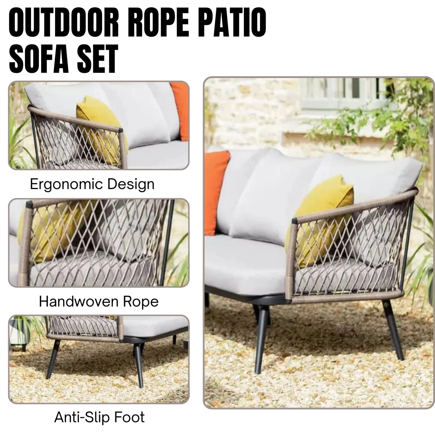 L-Shape 5 Seater Outdoor Rope Sofa Set with Glass Top Table