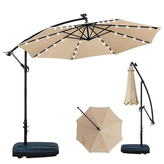 LED Side Pole Garden Umbrella with 40kg Granite Base Khaki