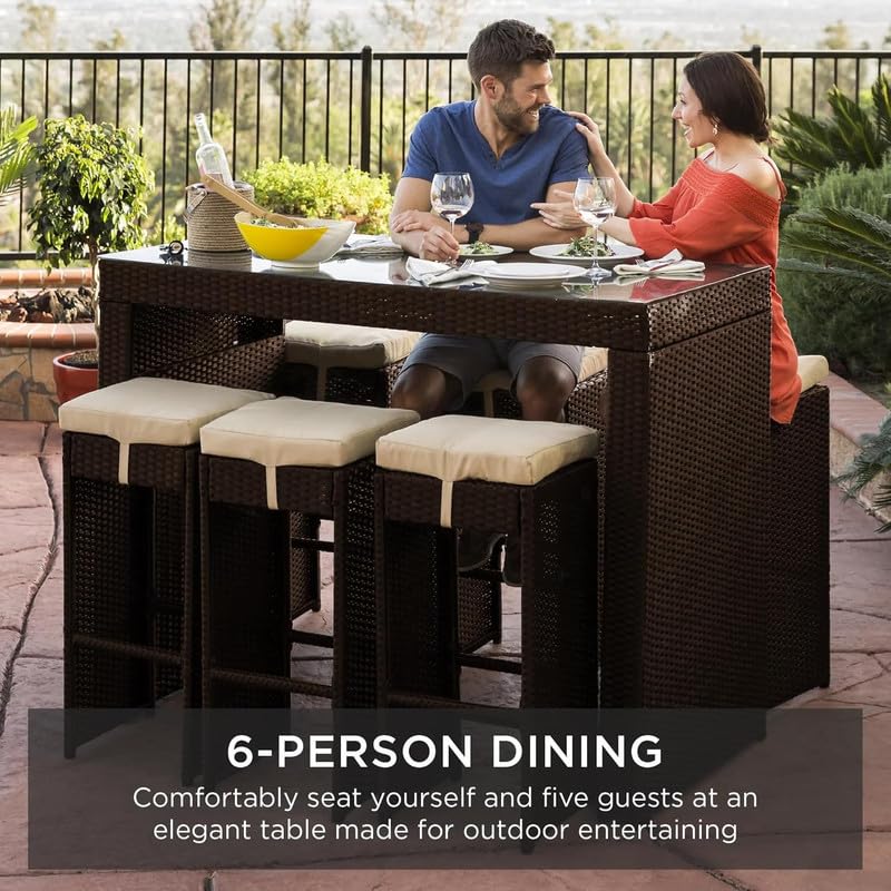 7-Piece Outdoor Rattan Bar Set with Glass Top Table & 6 Bar Stools