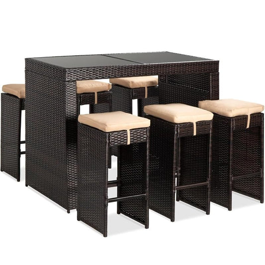 7-Piece Outdoor Rattan Bar Set with Glass Top Table & 6 Bar Stools