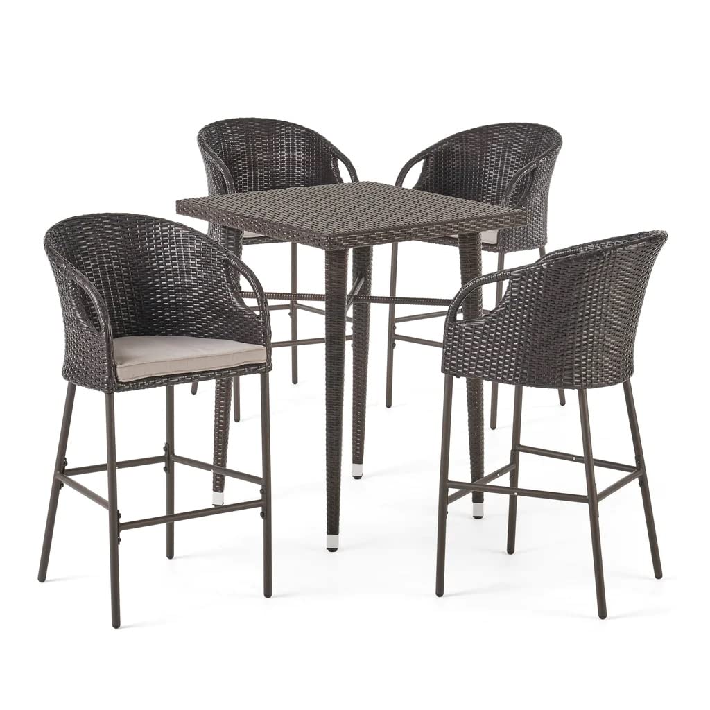 5-Piece Outdoor Wicker Bar Set with Glass Top Table & 4 Bar Stools