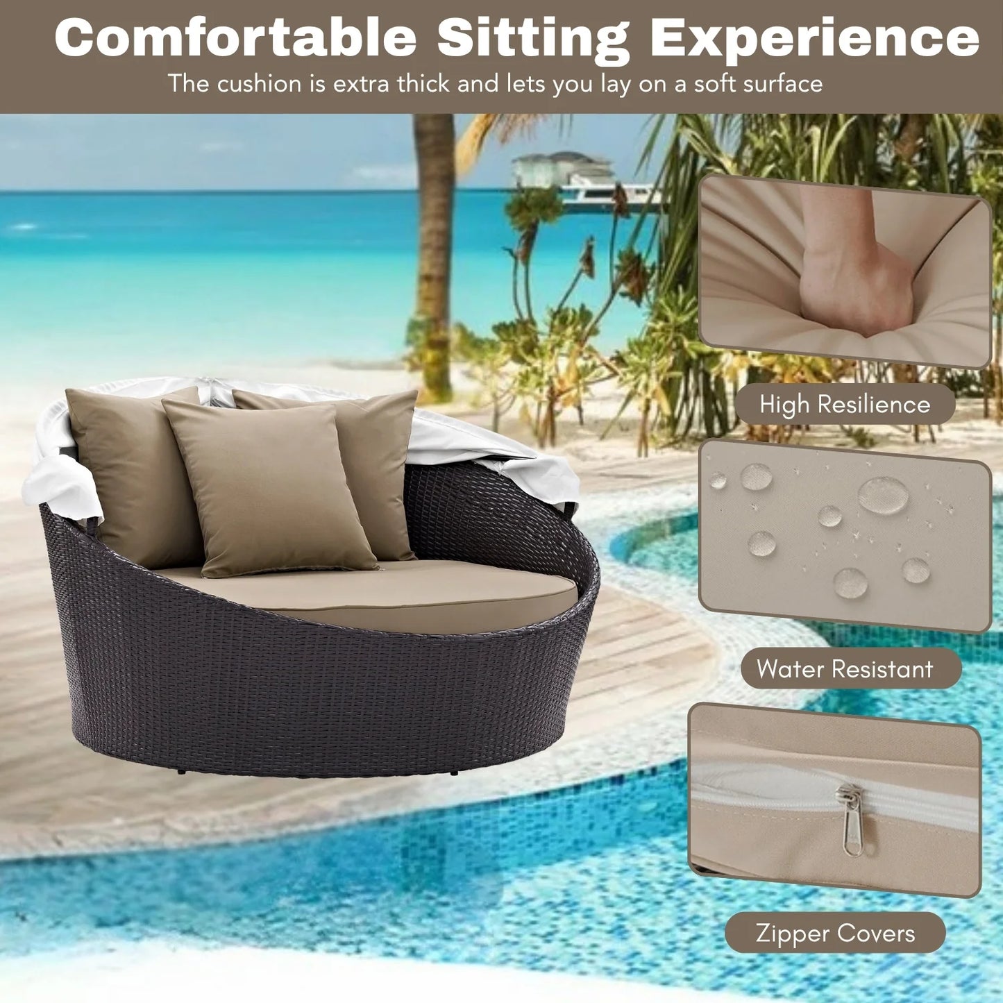Outdoor Rattan Wicker Daybed with Retractable Canopy — Poolside Lounger