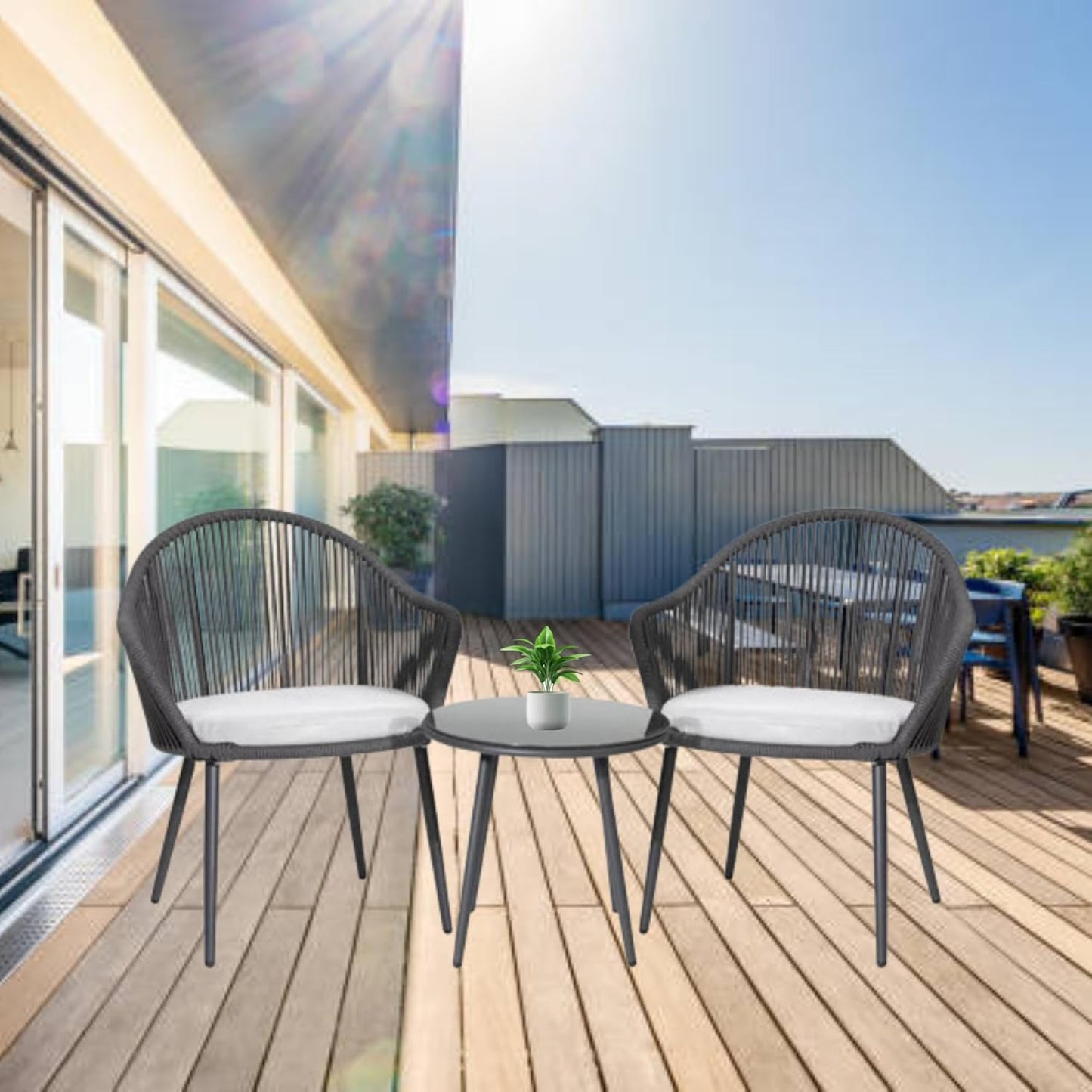 3-Piece Rope Outdoor Furniture Set with 2 Chairs & 1 Table