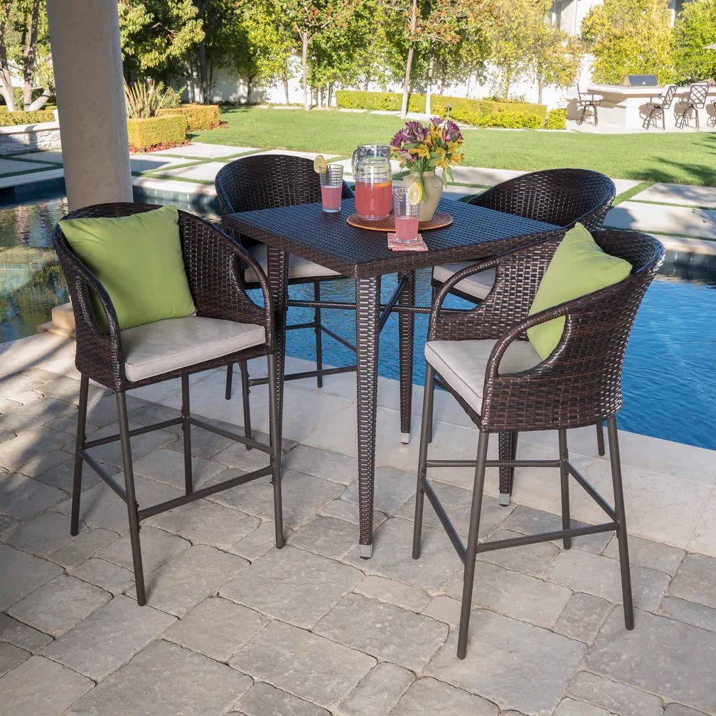 5-Piece Outdoor Wicker Bar Set with Glass Top Table & 4 Bar Stools