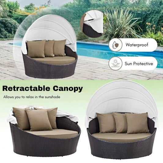 Outdoor Rattan Wicker Daybed with Retractable Canopy — Poolside Lounger