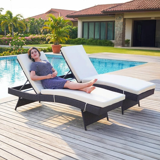 Outdoor Wicker Sun Lounger with Cushion & Side Table — Poolside Chaise Lounge Set of 2