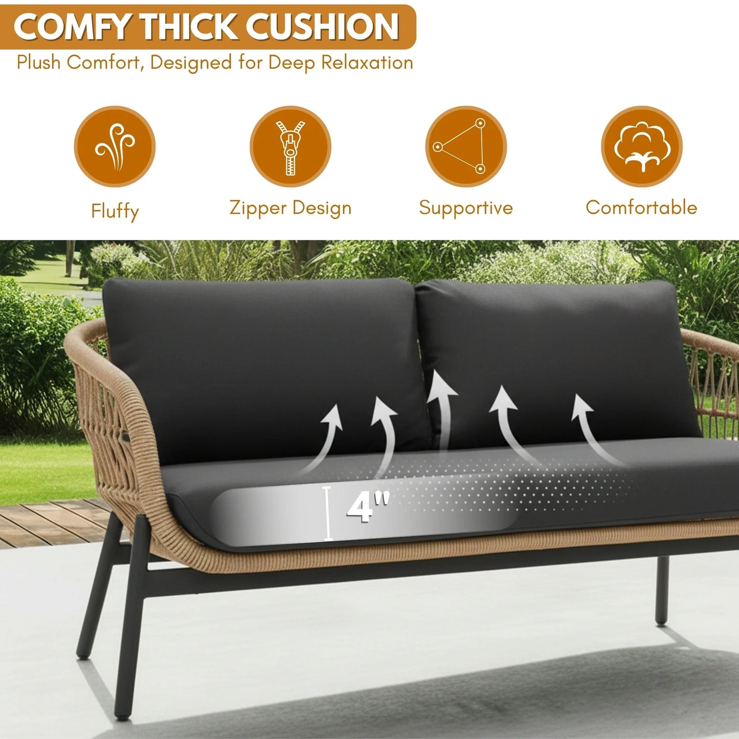 4-Seater Outdoor Rope Sofa Set with Glass Top Table