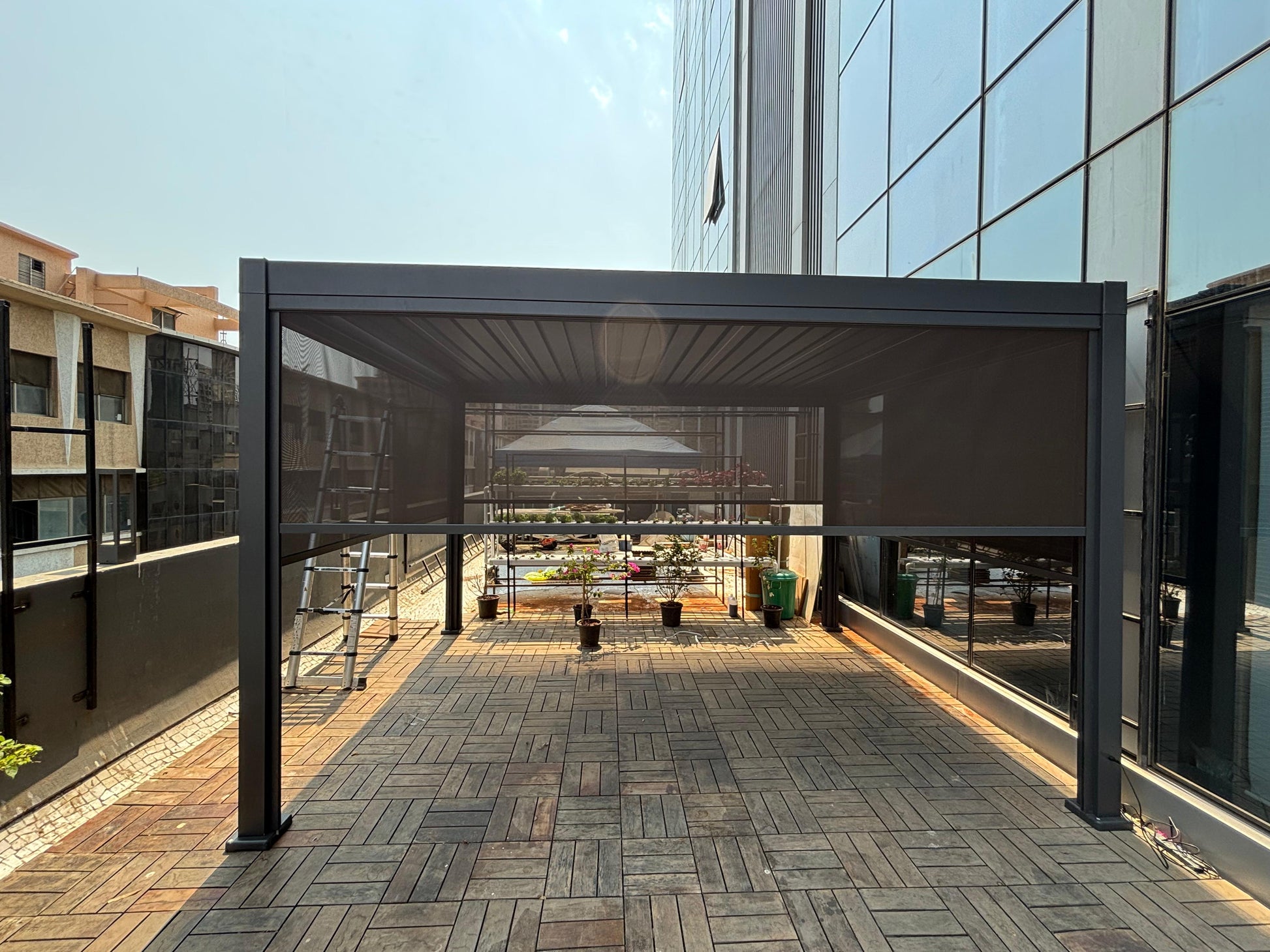 Louvered Pergola Awning Installed Outdoor Space
